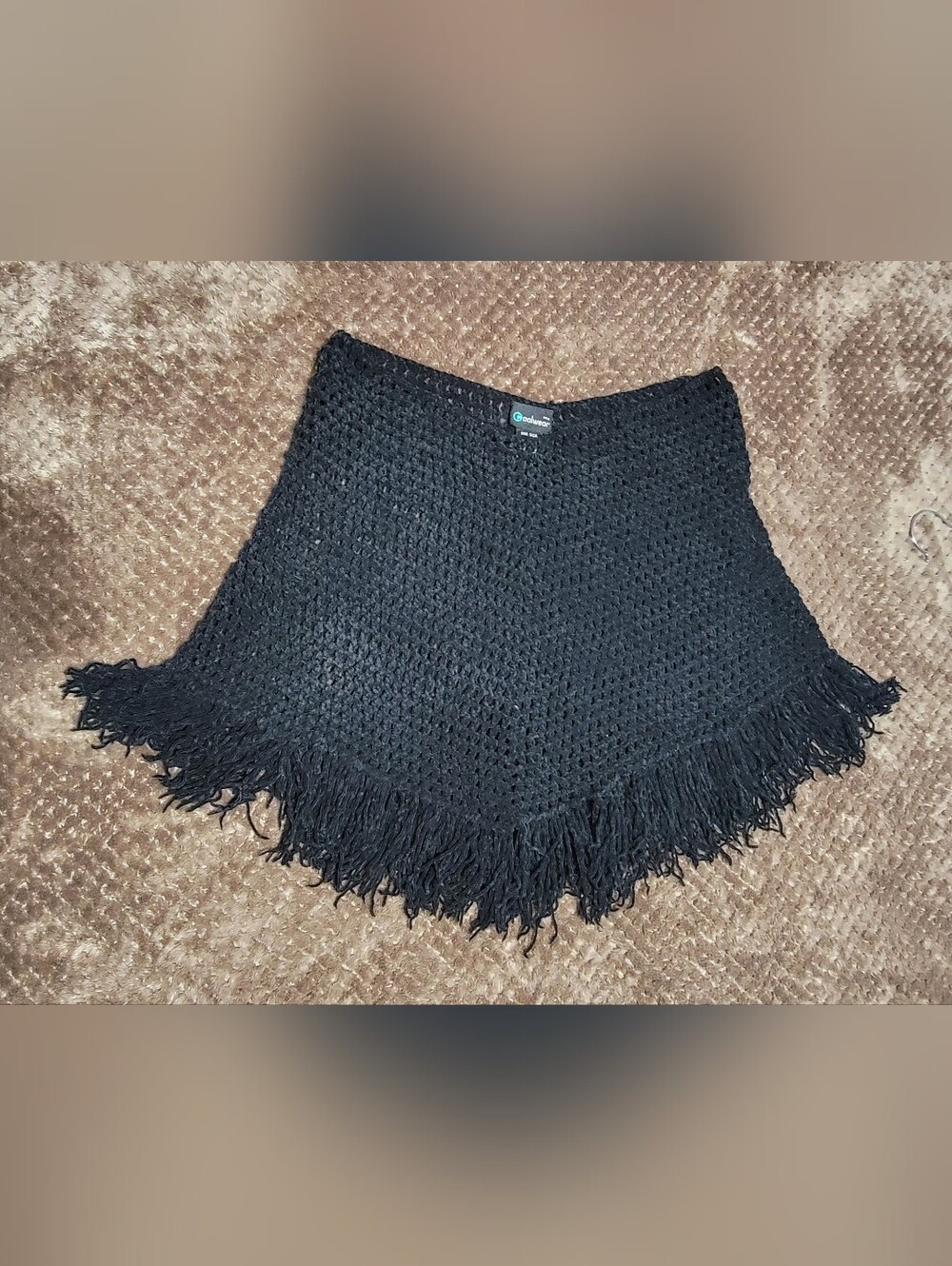 Black Crochet Fringe Poncho Sweater